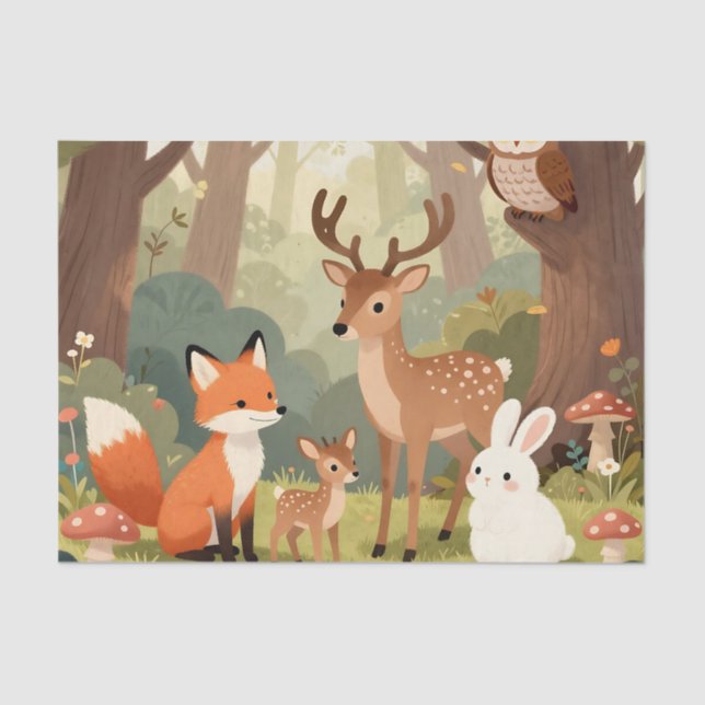 Papel De Seda Cute Woodland Animals Nursery Scene (Anverso)