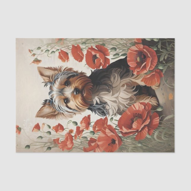 Papel De Seda Cute Yorkshire Terrier Botaner Red Poppies (Anverso)