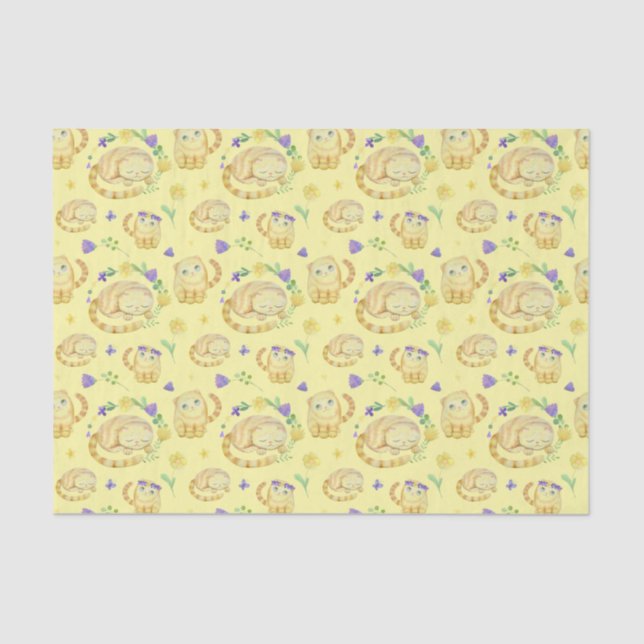 Papel De Seda Cuto acuarela Gatos y Flores Patrón Amarillo (Anverso)