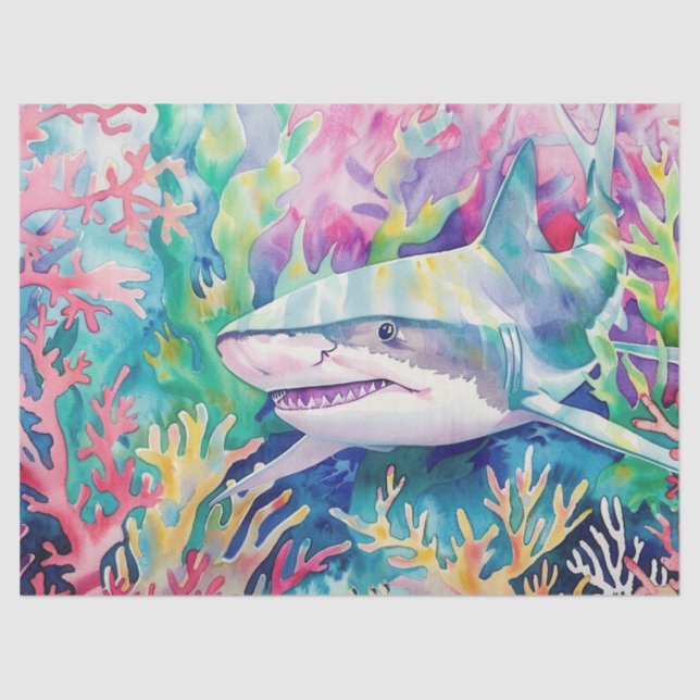 Papel De Seda Cuto colorido tropical acuarela tiburón (Anverso)