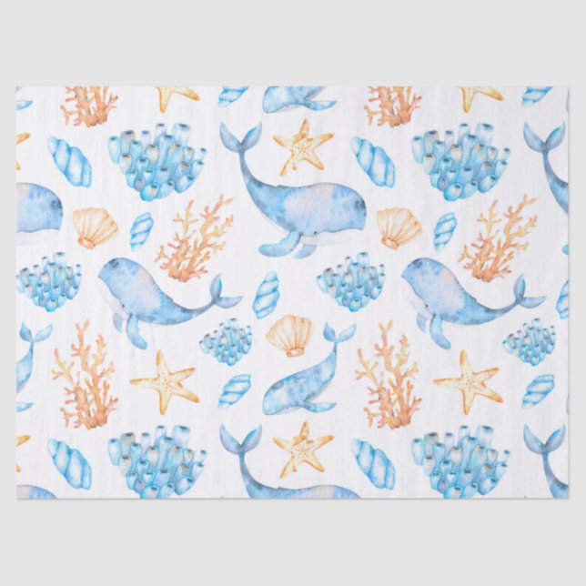 Papel De Seda Cuto Nautical Blue Whales Brown Ocean Life (Anverso)