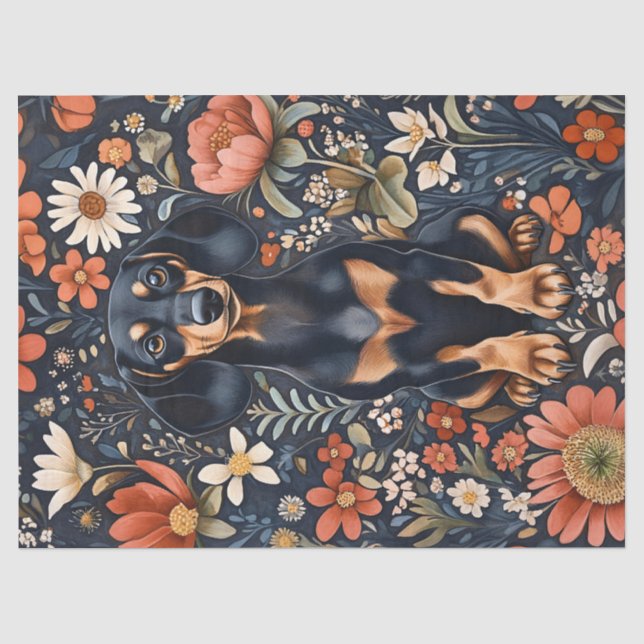 Papel De Seda Dachshund Adorable Flores Vibrantes Decoupage (Anverso)