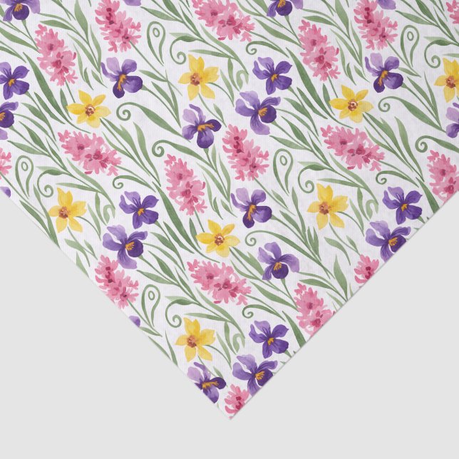 Papel De Seda Daffodil Yellow, Iris Purple, Hyacinth Pink Floral (Detalle)