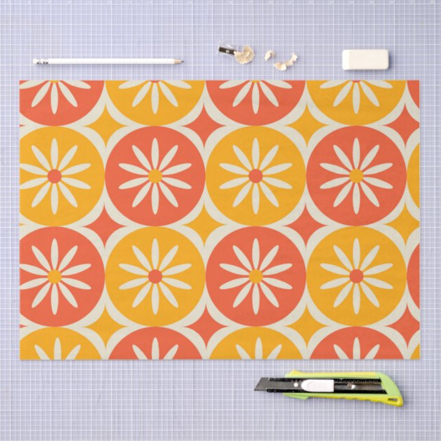 Papel De Seda Daises and Atomic stars on Orange Yellow circles  (Artesanía)