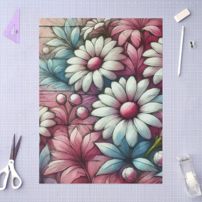 Papel De Seda Daisies Daisy Pink White Blue Floupage (Artesanía)