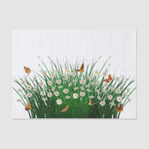 Papel De Seda Daisies Green Grass Naranja Butterflies