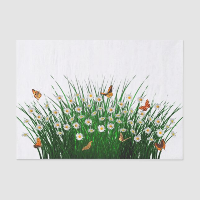 Papel De Seda Daisies Green Grass Naranja Butterflies (Anverso)