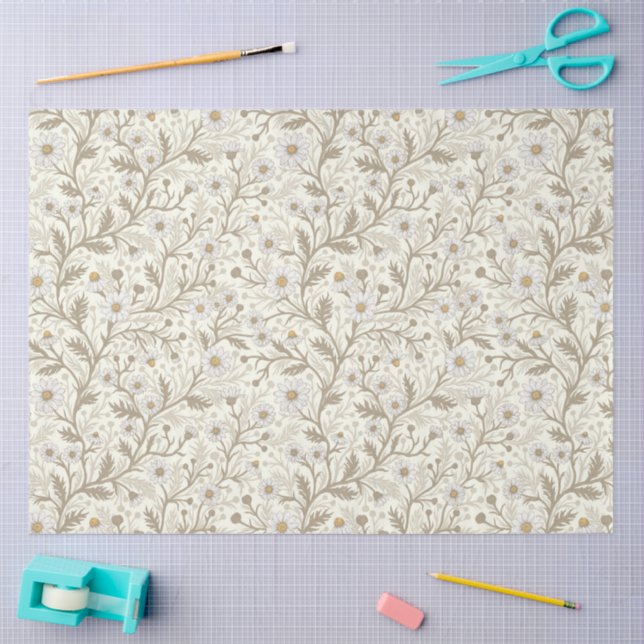Papel De Seda Daisies in white and brown on off white (Artesanía)