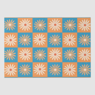 Papel De Seda Daisy retro en tableros de cheques azules y Naranj