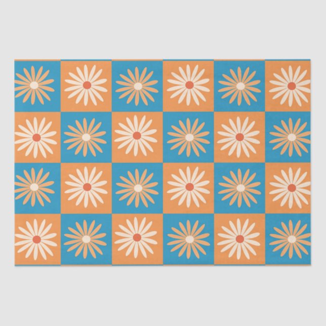 Papel De Seda Daisy retro en tableros de cheques azules y Naranj (Anverso)