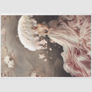 Papel De Seda Dama con parasol emplumado, flores de magnolia