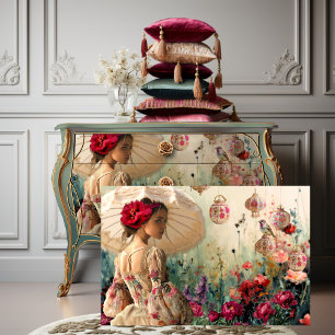 Papel De Seda Dama con sombrilla, pájaro, arte floral y linterna