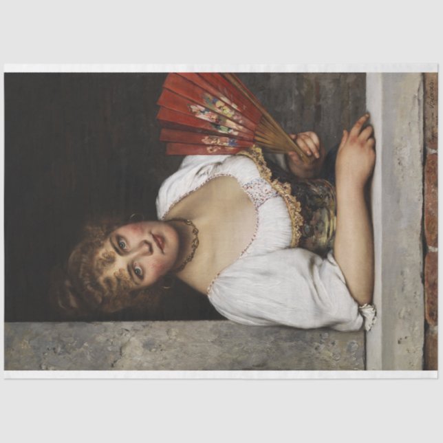 Papel De Seda Dama con ventilador rojo (por Eugene de Blaas) (Anverso)