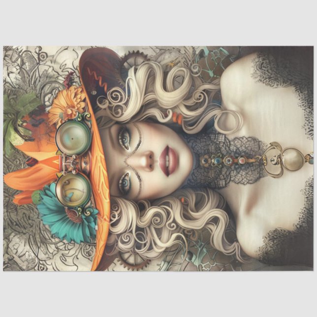 Papel De Seda Dama de estilo bohemio steampunk Decoupage (Anverso)