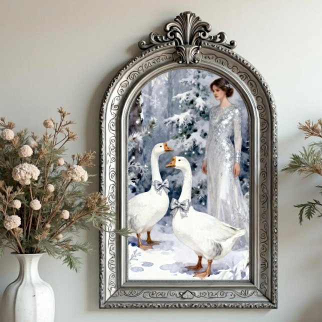 Papel De Seda Dama de gansos del bosque de invierno con acentos  (Magical Winter Wonderland Tissue Paper with a Lady and Geese in a Snowy Forest Landscape.)