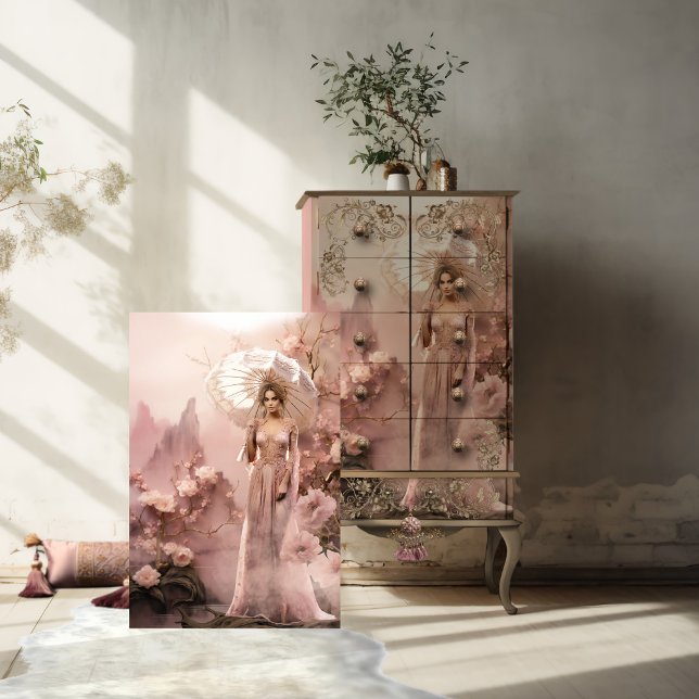 Papel De Seda Dama de rosa con parasol y floral (Beautiful Lady holding a parasol, rose pink and beige, ethereal floral, and lace portrait art.)