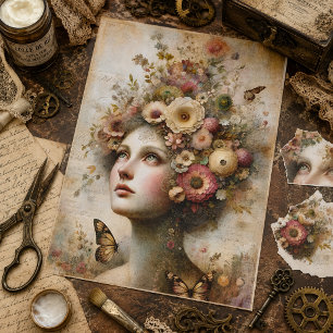 Papel De Seda Dama Floral Rosa Caprichosa, Decoupage Antiguo 