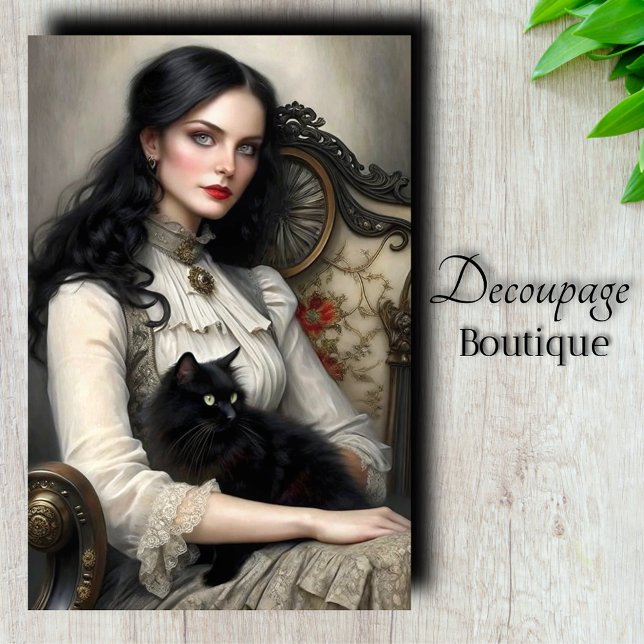 Papel De Seda Dama Gótica Gato Negro Decoupage (Gothic Lady Black Car Decoupage Tissue Paper)