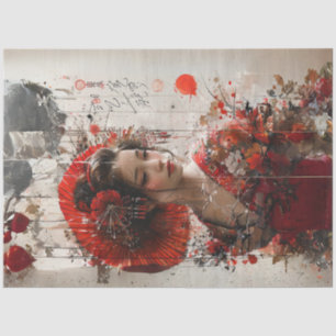 Papel De Seda Dama Japonesa en Kimono Rojo Decoupage