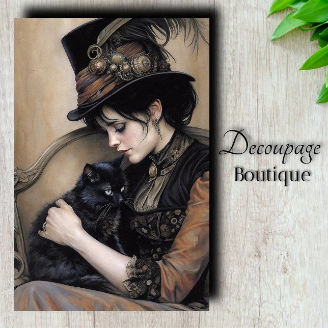 Papel De Seda Dama Steampunk Decoupage de Gato (Steampunk Lady Cat Decoupage Tissue Paper)