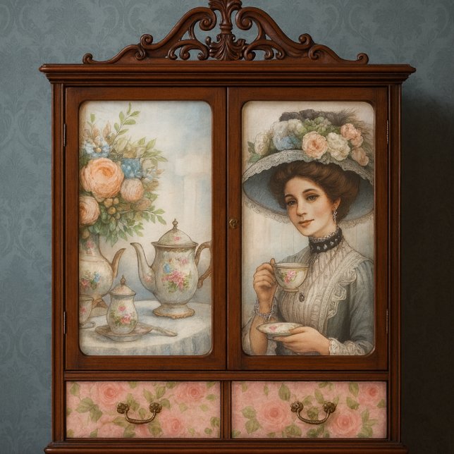 Papel De Seda Dama Victoriana en merienda con sombrero floral (Victorian cabinet mockup with decoupage styled to spark creative ideas for elegant home decor.)