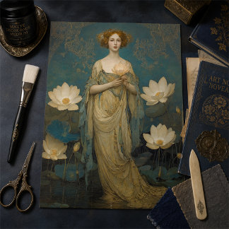 Papel De Seda Dama Vintage con Nenúfares Blancos Decoupage