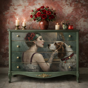 Papel De Seda Dama Vintage con Perro Retrato Romántico Decoupage