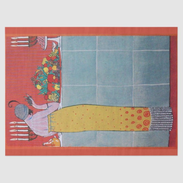 PAPEL DE SEDA DAMA Y FRUTAS MESA CONJUNTO ARTE DECO BELLEZA MODA (Anverso)