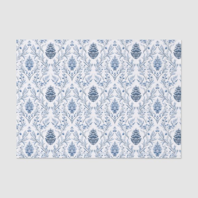 Papel De Seda Damasco azul claro y blanco con piñas (Anverso)