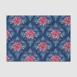 Papel De Seda Damasco Azul Oscuro con Flores de Poinsettia Rojas
