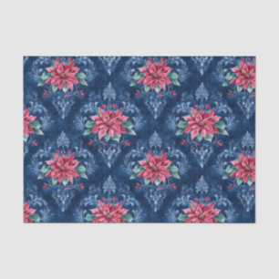 Papel De Seda Damasco Azul Oscuro con Flores de Poinsettia Rojas