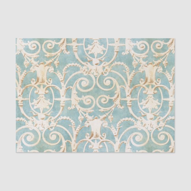 Papel De Seda Damasco azul y beige (Anverso)