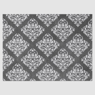 Papel De Seda Damasco blanco con flores en descomposición gris