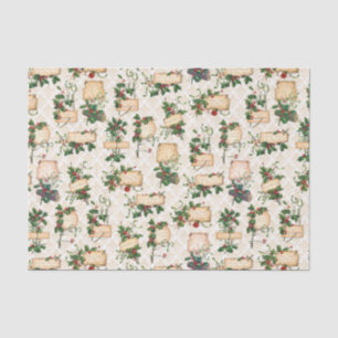 Papel De Seda Damasco de oro, saludos de Navidad y Holly de époc