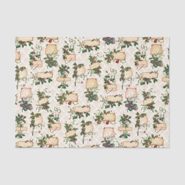 Papel De Seda Damasco de oro, saludos de Navidad y Holly de époc (Anverso)