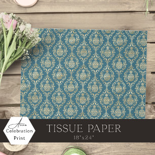 Papel De Seda Damasco de Piña Dorada Azul Verde