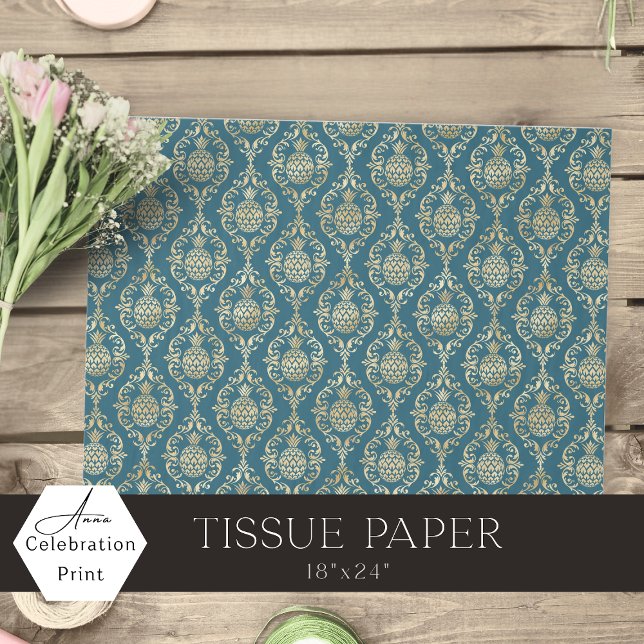 Papel De Seda Damasco de Piña Dorada Azul Verde  (teal blue gold pineapple damask decoupage craft and DIY)