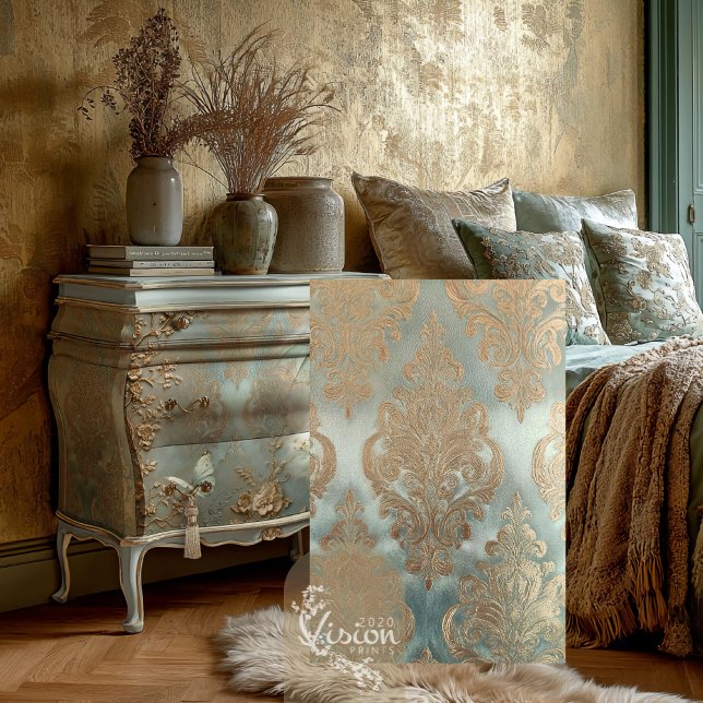 Papel De Seda Damasco Dorado, Efecto Texturizado, Verde Menta Sa (Jacquard Effect Damask Patterns, Mint Sage Green and Gold Decoupage Tissue Paper)