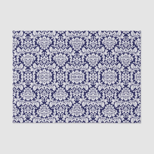 Papel De Seda Damasco floral azul marino bonito (Anverso)