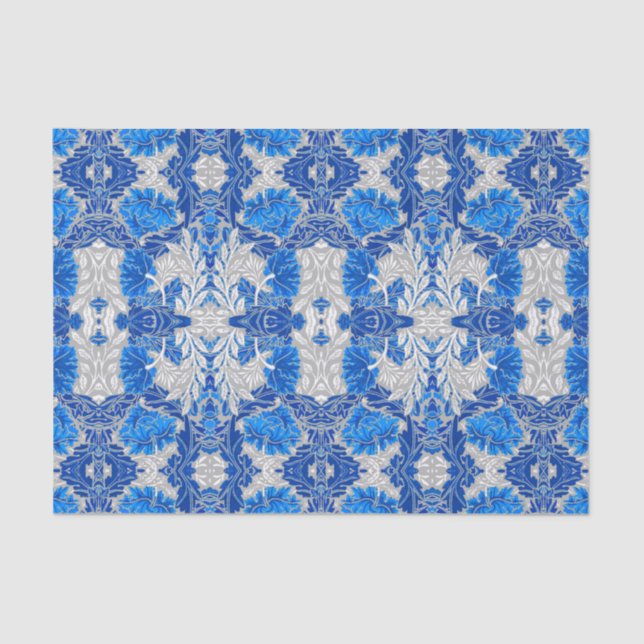 Papel De Seda Damasco floral, azul zafiro y gris (Anverso)