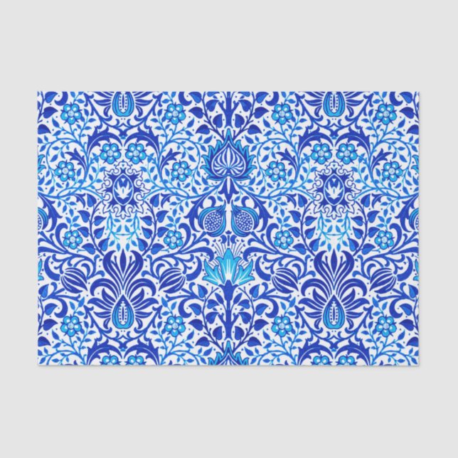 Papel De Seda Damasco floral jacobino, azul cobalto y blanco (Anverso)