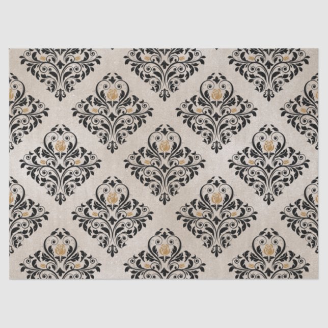 Papel De Seda Damasco floral negro en Tan Decoupage (Anverso)
