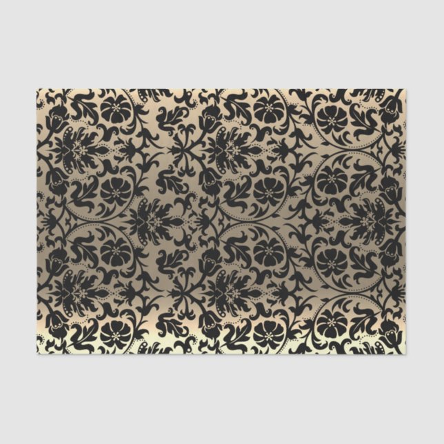 Papel De Seda Damasco floral negro y dorado (Anverso)