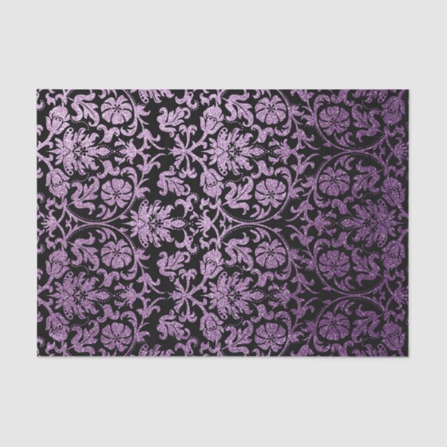 Papel De Seda Damasco floral negro y Purpurina morado (Anverso)