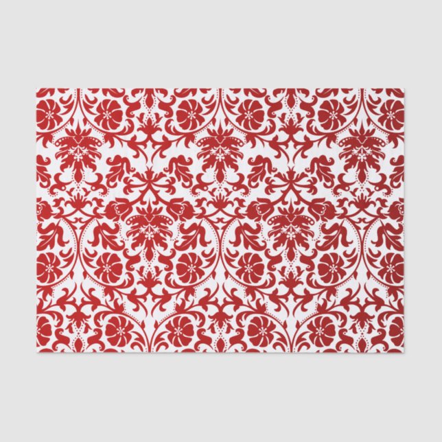 Papel De Seda Damasco floral rojo oscuro y blanco (Anverso)