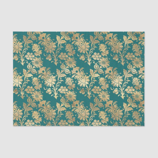 Papel De Seda Damasco floral verde azulado y de Relieve metaliza (Anverso)