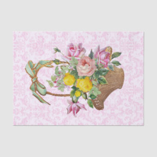 Papel De Seda Damasco Floral y Rosas Rojas en Cesta Artesanal