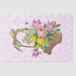 Papel De Seda Damasco floral y rosas rosadas en balsa de cesto