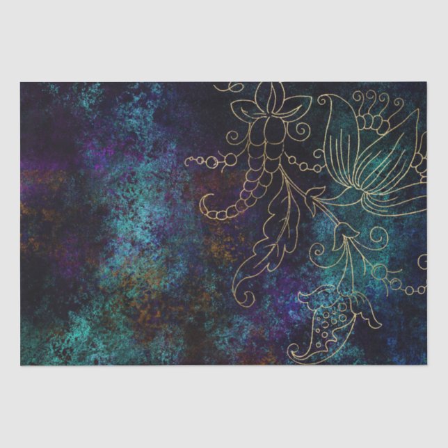 Papel De Seda Damasco Grunge Floral Dorado (Anverso)
