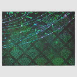 Papel De Seda Damasco, hojas y luces en verde desconchado